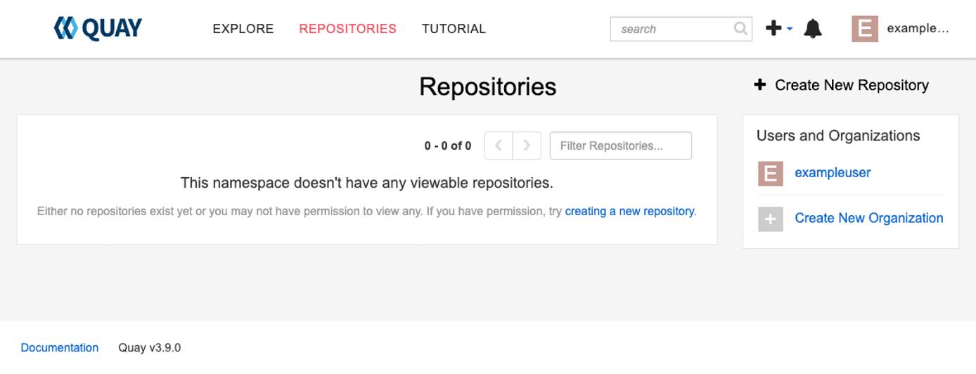 The Project Quay new user empty repositories screen