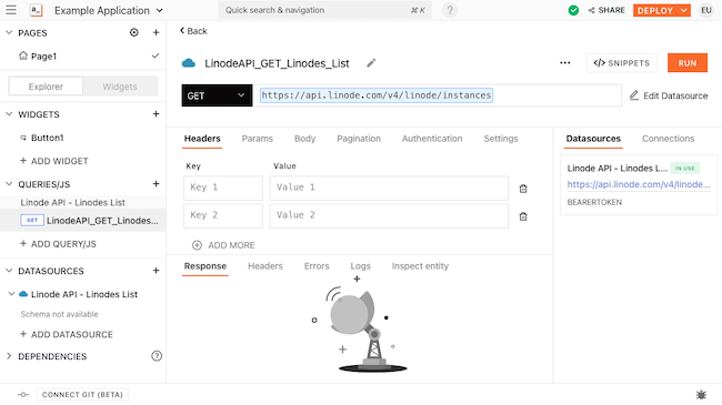Query creation page for the example application Query creation page for the example application
