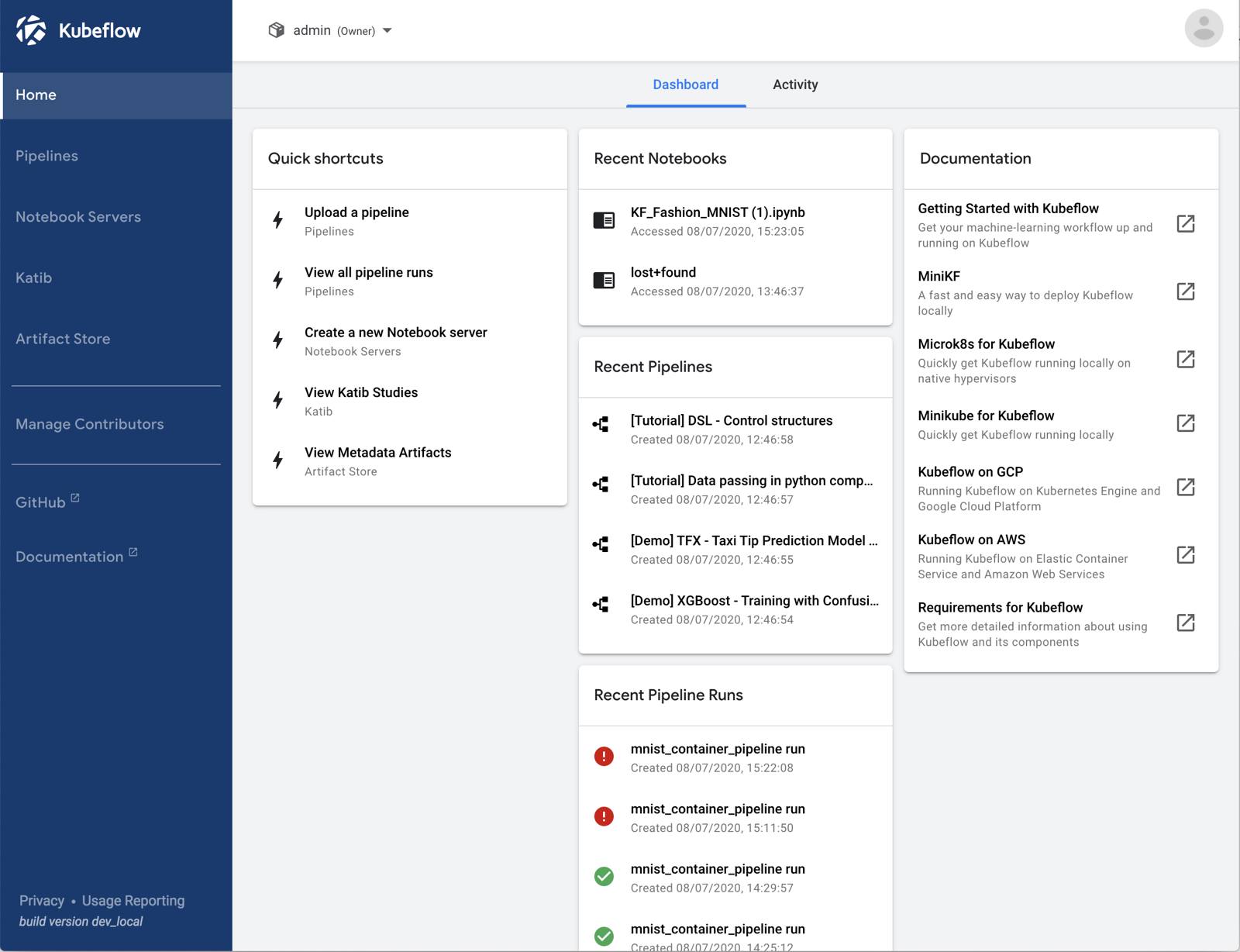 Kubeflow’s dashboard