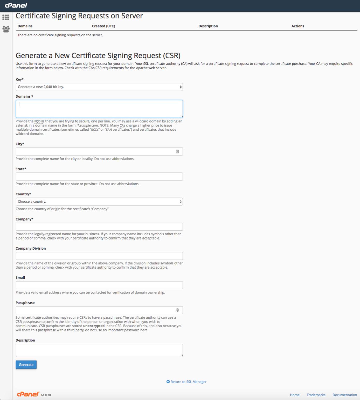 cPanel CSR form. cPanel CSR form.