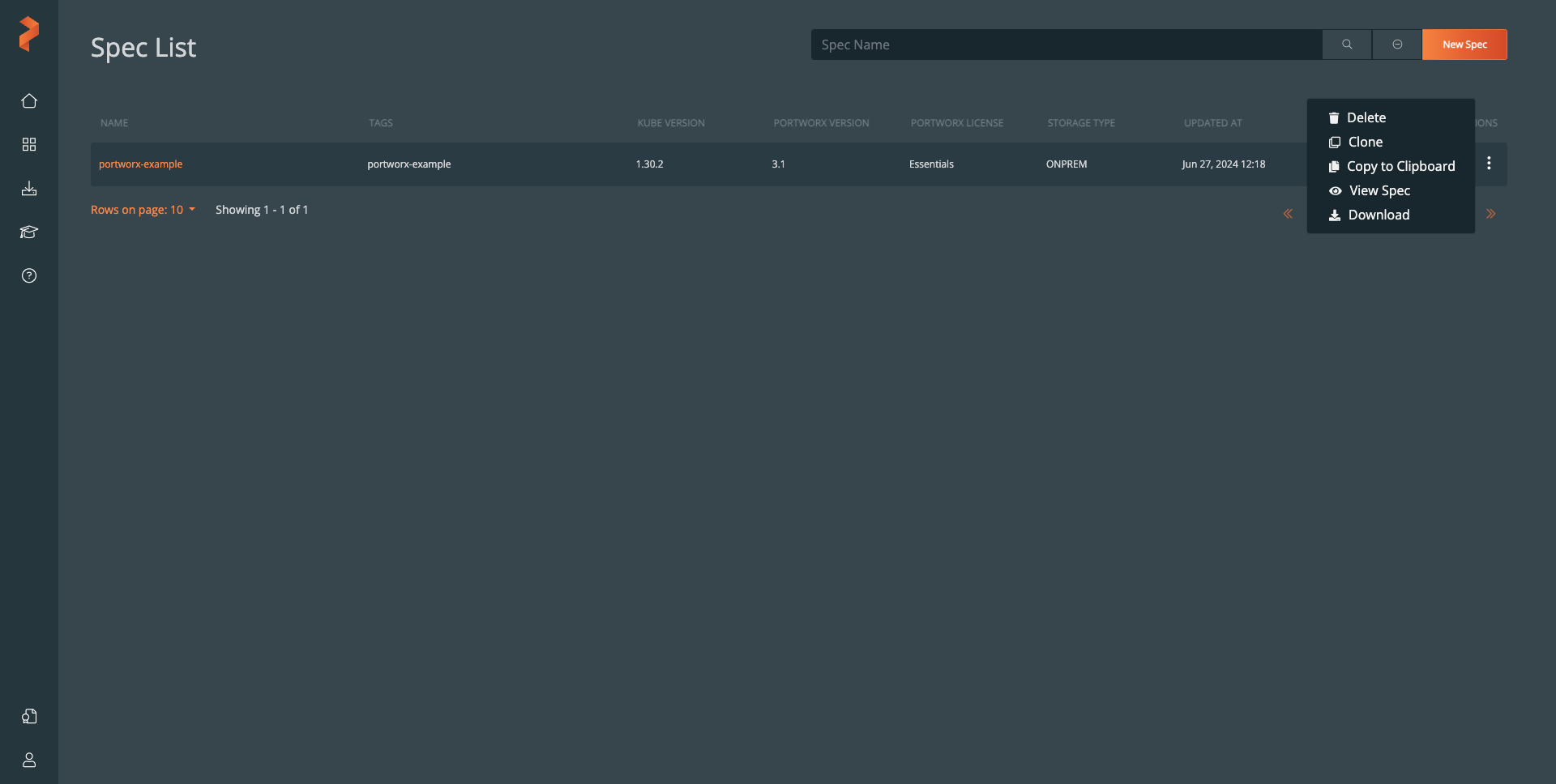 The Spec List section of Portworx Central with “portworx-example” listed and it’s action menu opened.