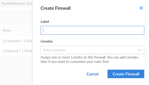 Screenshot of the Create Firewall panel in the Cloud Manager Screenshot of the Create Firewall panel in the Cloud Manager