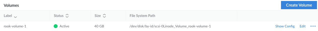 The Storage tab of a Kubernetes node, showing the new volume as “active”.
