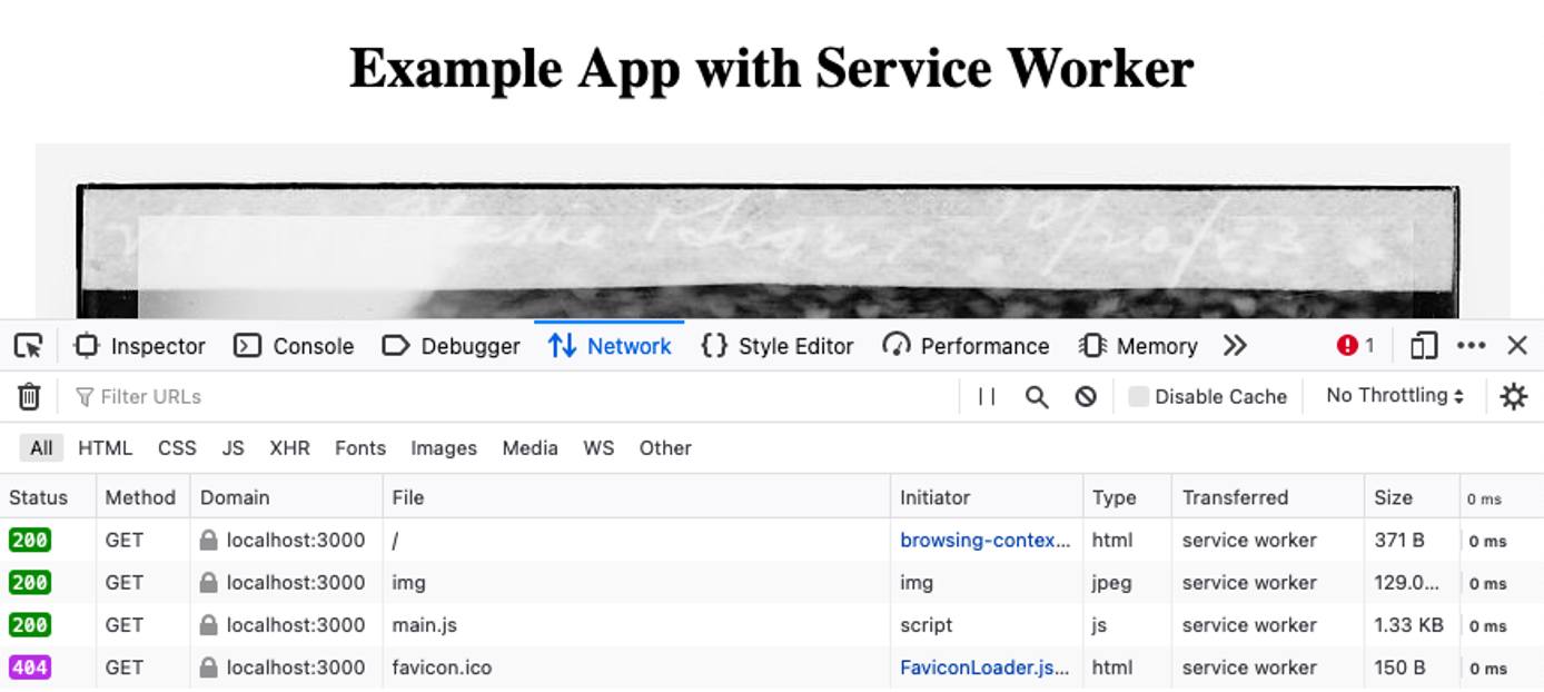 Network information in Firefox for the example service worker application Network information in Firefox for the example service worker application