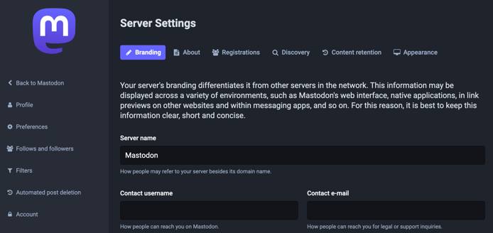 Screenshot of Mastodon admin page