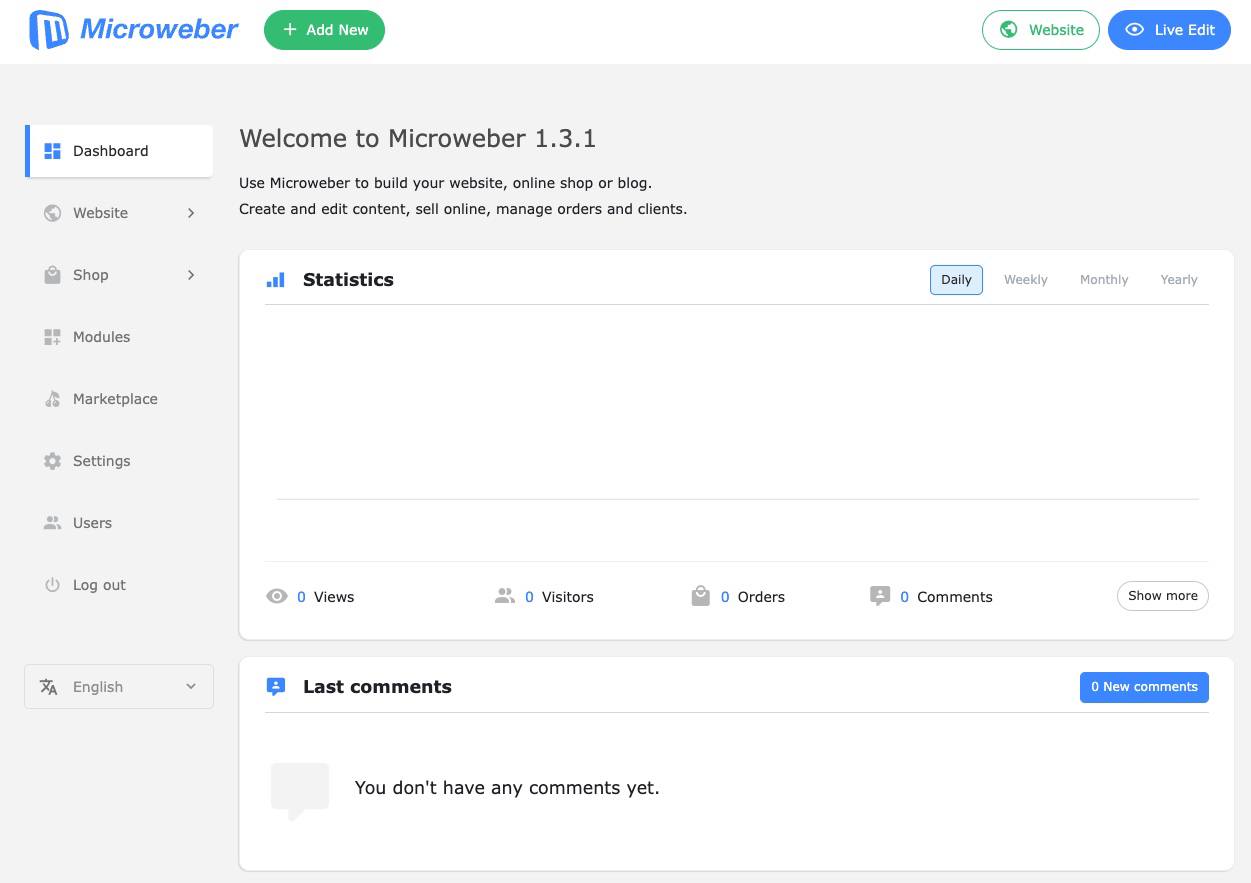 Screenshot of the Microweber dashboard